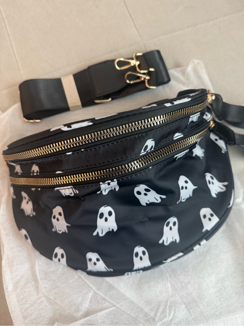 Halloween Ghost Print Black Crossbody Nylon Bag with Gold Zippers